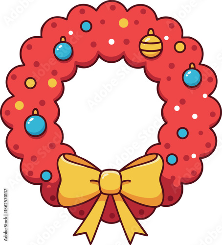 Christmas wreath with colorful baubles and yellow bow decorative vector design for festive holiday celebration