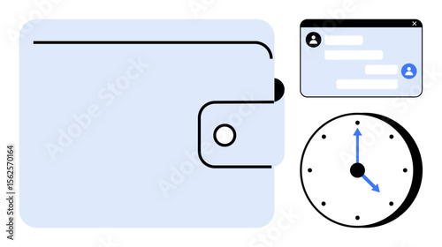 Wallet with button closure, analog clock with blue arrows, chat interface with user profile. Ideal for finance, budgeting, digital tools, productivity, time management, online communication simple