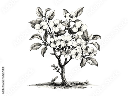 Apple tree botanical engraving, vintage hand-drawn floral print, orchard tree, apple blossoms, black sketch, old-fashioned nature decor, rustic illustration, classic garden art, heritage print