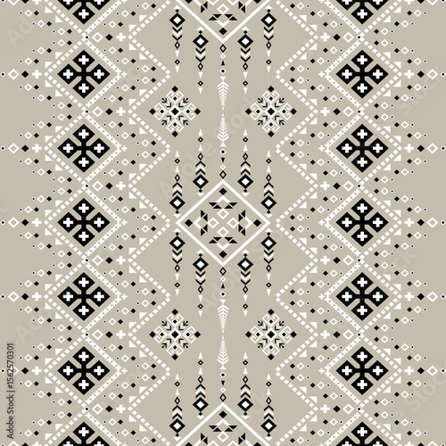 	
White and black Ethnic Tribal Diamond Geometric Pattern on Grey Background Seamless Vector Design Traditional Textile Art Vintage Cultural Fabric Craft Style