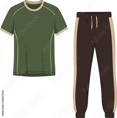 Green T-shirt and brown jogger pants casual outfit for men comfortable sportswear apparel design