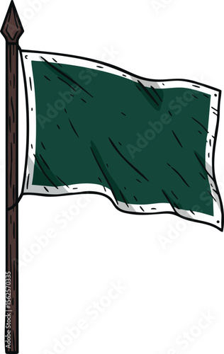 Green flag on wooden pole with white border fluttering in wind vector illustration