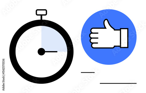 Stopwatch measuring time beside a thumbs-up hand gesture in blue circle. Ideal for productivity, efficiency, time management, performance tracking, approval concept, success, simple landing page