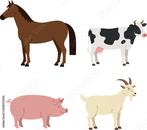 Farm animals collection with horse cow pig and goat in simple vector style for agriculture and rural life design
