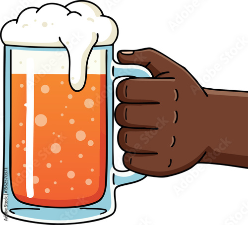 Hand holding frothy beer mug with orange liquid and bubbles vector illustration for beverage and leisure design