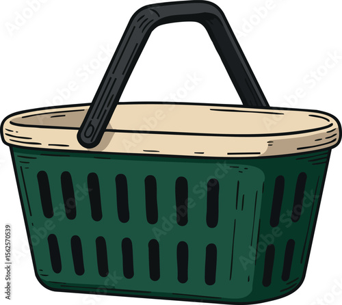 Green shopping basket with beige rim and black handles simple isolated vector design