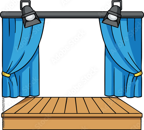 Stage platform with blue curtains and overhead spotlights for theatrical performances and presentations