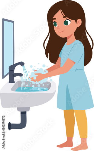 Young girl washing hands hygiene clean water sink bathroom health care vector illustration