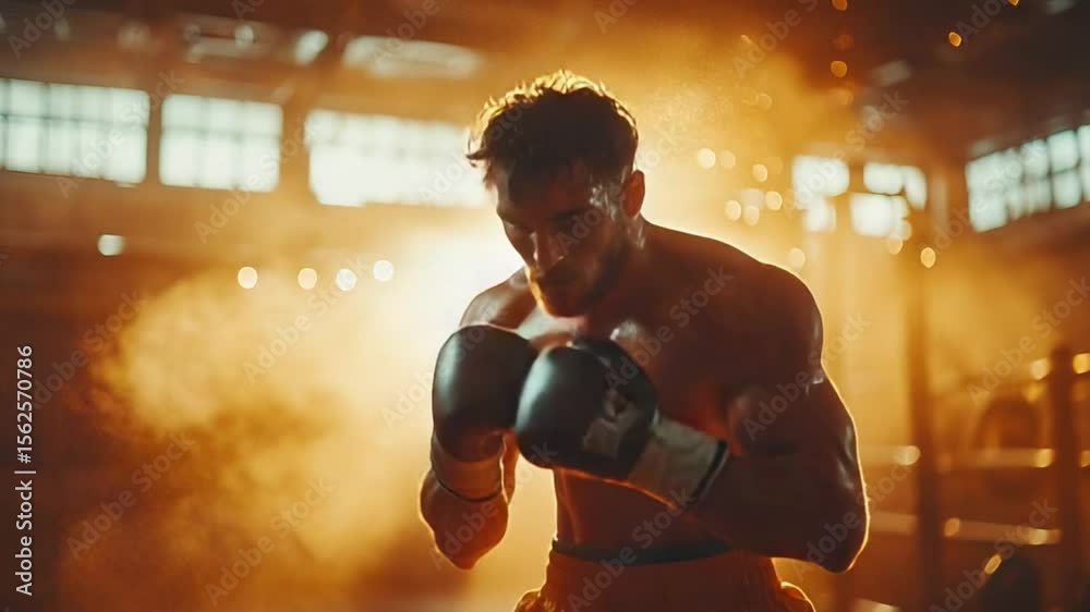 A focused boxer in the ring, ready to fight, exuding intensity and determination. The scene is illuminated with dramatic lighting