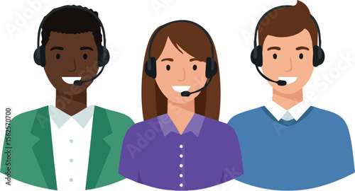 Customer service representatives wearing headsets in a professional support team environment vector illustration