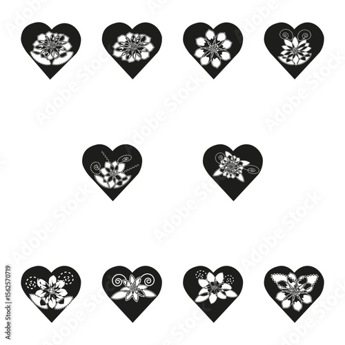 Ten heart shapes. Each features flower. Monochrome vector designs. Floral spiral details.