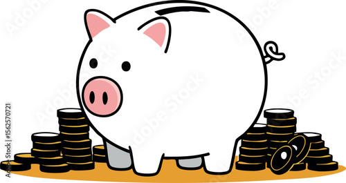 Piggy bank surrounded by stacks of coins saving money financial concept vector illustration