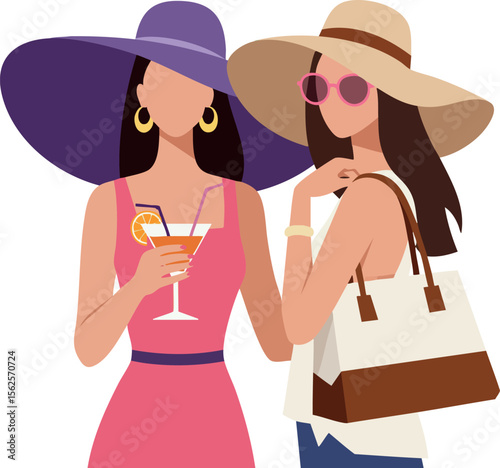 Two stylish women wearing large sun hats with cocktail and handbag in summer fashion vector illustration