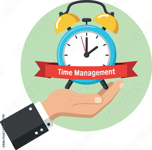Time management concept with alarm clock and business hand holding reminder banner vector illustration