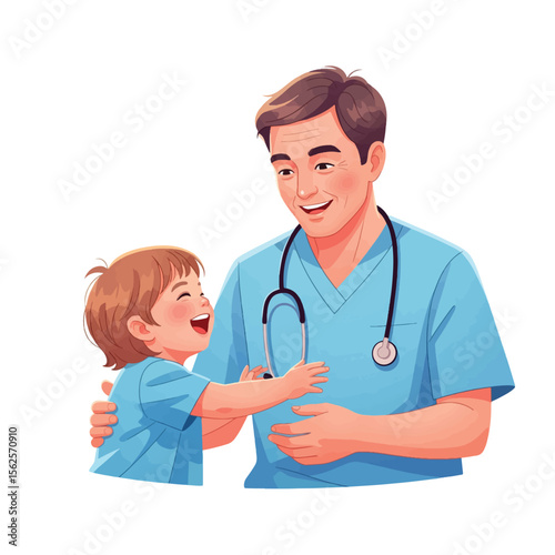 A doctor in scrubs embraces a happy child, fostering a caring relationship.