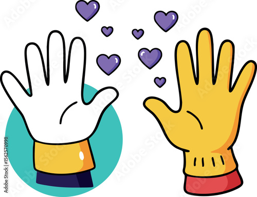 Colorful gloves with white and yellow hands and purple hearts vector illustration for love and care concept