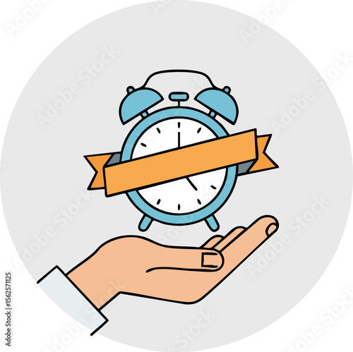 Alarm clock with orange ribbon held by hand symbolizing time management and organization vector illustration