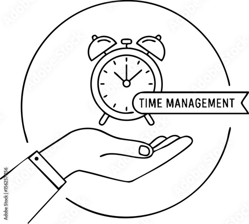 Time management concept with hand holding alarm clock and banner in minimalist line art style vector