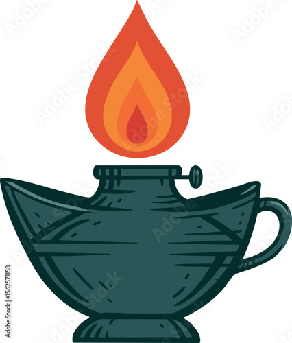 Ancient oil lamp with bright flame vector illustration for historical and cultural design elements