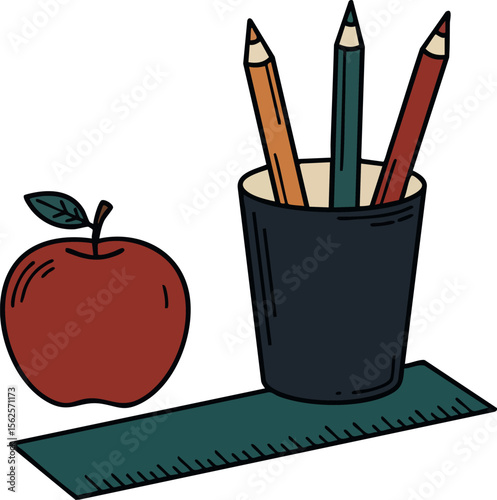 Colored pencils in black cup with ruler and red apple educational supplies isolated vector illustration