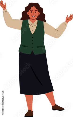 Woman standing with raised hands wearing green vest and black skirt expressing happiness and confidence vector illustration