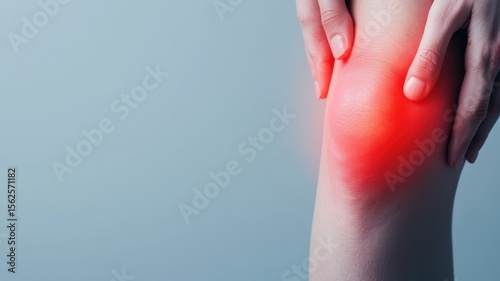 Pain with acute discomfort concept. Knee pain relief concept with hands holding a painful knee.