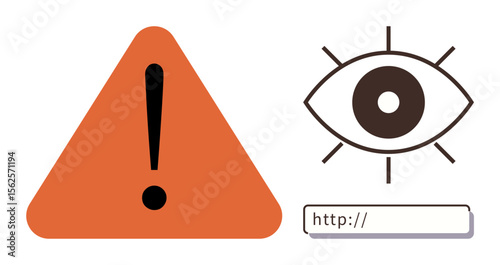 Orange triangle with exclamation mark, eye icon, and web address bar conveying internet safety, hazard, data protection, warning, surveillance, cybercrime prevention. Ideal for alerts internet