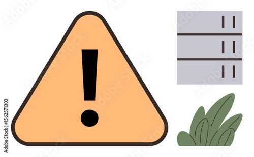 Alert triangle with exclamation mark near grey server racks and green foliage. Ideal for warning, technology safety, server maintenance, IT issues, environmental caution, data risk, simple flat