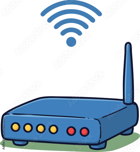 Wireless router with signal waves icon blue and yellow technology device for internet connection vector illustration