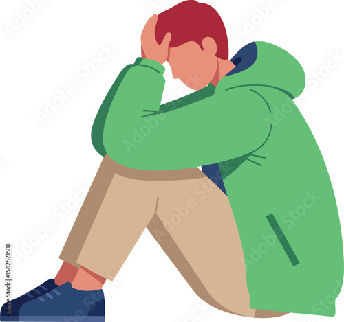 Young man sitting with head in hands wearing green jacket and beige pants vector illustration of sadness and stress