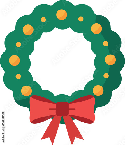 Christmas wreath with red bow and golden ornaments festive holiday decoration vector illustration