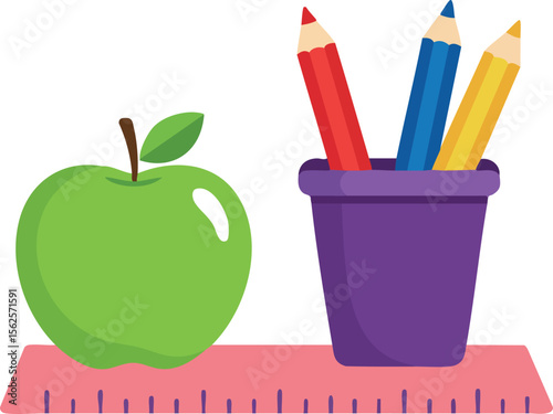 Green apple with colorful pencils in purple cup and pink ruler school supplies vector illustration