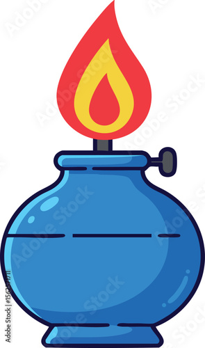 Blue oil lamp with bright red and yellow flame burning in simple vector style perfect for design or decoration purposes