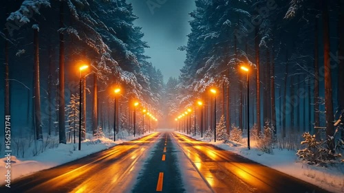 Enchanted Winter Road: A Snowy Night in the Forest