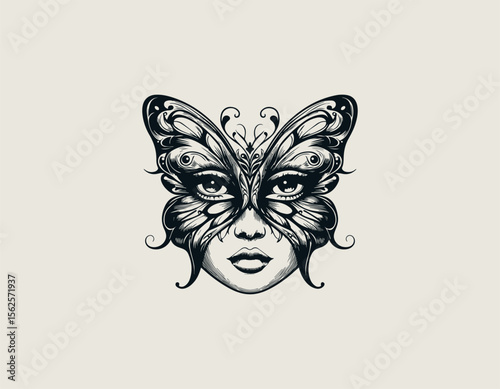 Beautiful woman face combined with butterfly wings in artistic vector logo illustration for natural beauty and transformation concept