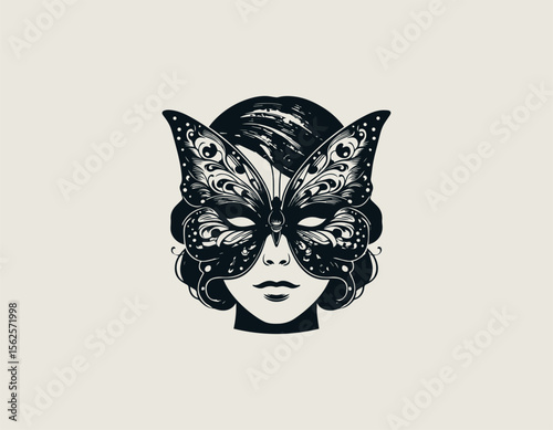Beautiful woman face combined with butterfly wings in artistic vector logo illustration for natural beauty and transformation concept