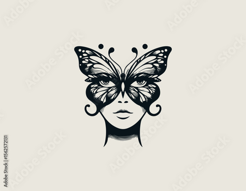 Beautiful woman face combined with butterfly wings in artistic vector logo illustration for natural beauty and transformation concept