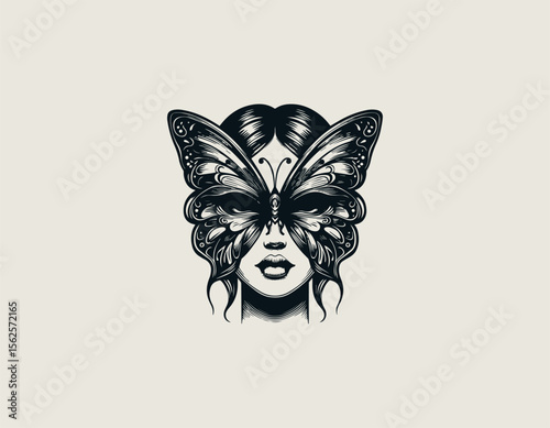 Beautiful woman face combined with butterfly wings in artistic vector logo illustration for natural beauty and transformation concept