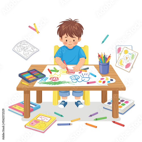 A young boy sits at a table, engrossed in drawing with colorful crayons and paints.  Various art supplies are scattered around the table.