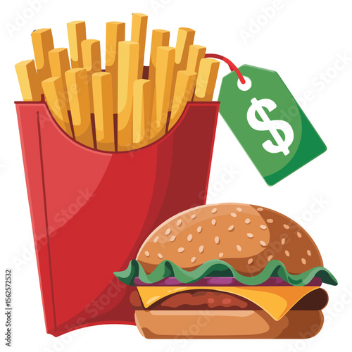 Pricey fast food with burger and fries cost increase vector