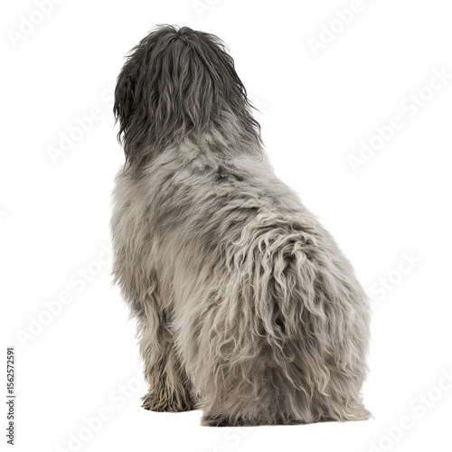 Back view of a Bergamasco sheepdog isolated on a white background, stock photograph style