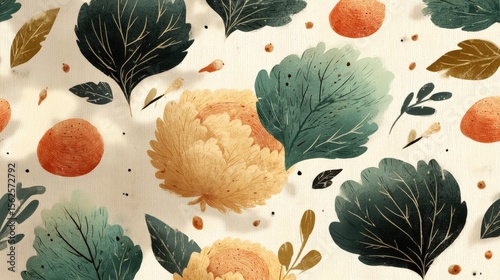 Colorful floral pattern featuring leaves and flowers on a light background, ideal for textile design