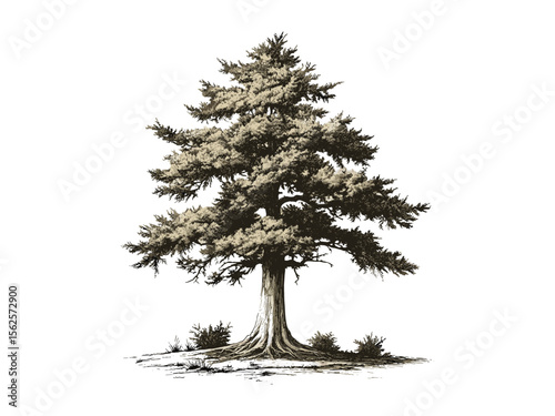 Bald Cypress Tree vintage sketch, swamp forest tree, hand-drawn botanical art, retro engraving style, nature decor, eco print, woodland tree illustration, antique plant artwork, rustic tree print