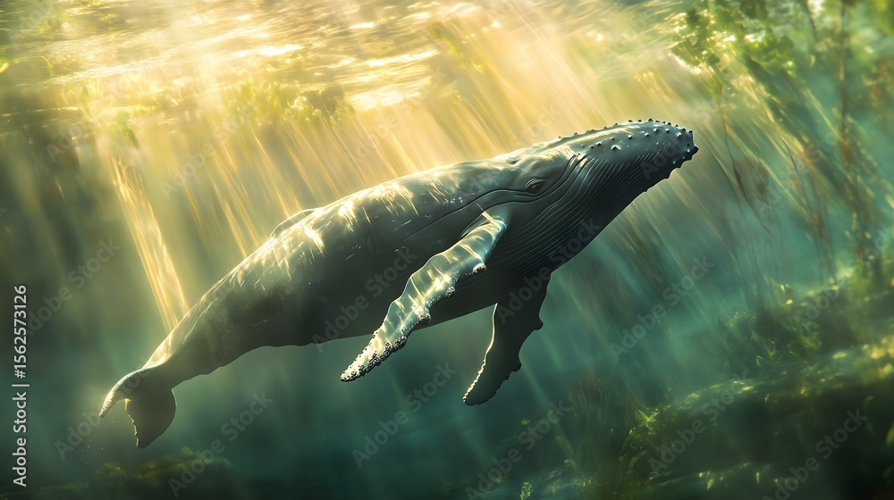 Fototapeta premium Humpback Whale swimming underwater sunlit rays illuminate the ocean aquatic plants visible