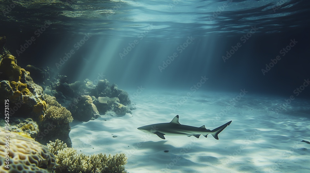 Fototapeta premium Underwater scene Shark swimming near coral reef in sunlit ocean sea underthesea