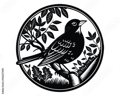 Black and white woodcut style illustration of a bird perched on a branch, surrounded by foliage, in an oval frame.