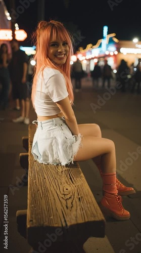 Night Out: A cheerful woman sits on a wooden bench, radiating youthful joy as she poses for the camera during a lively evening.