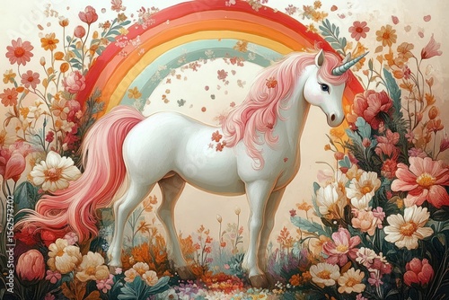 White unicorn with flowing pink mane and tail standing amidst colorful flowers with a vibrant rainbow arching overhead and delicate petals floating around