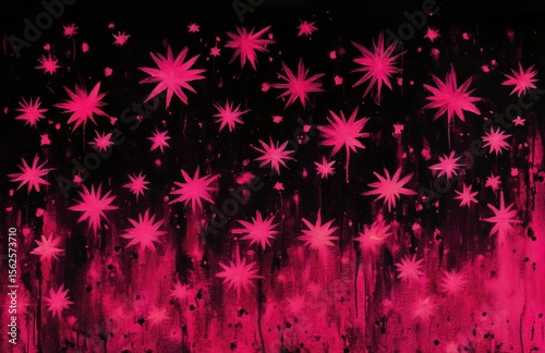 Abstract artistic depiction of bright pink stars scattered across a dark background with dripping and splattered paint effects creating a dynamic and energetic atmosphere