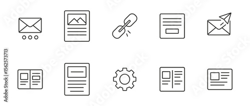 Email and communication linear icon set. messaging, link, gear line icons collection